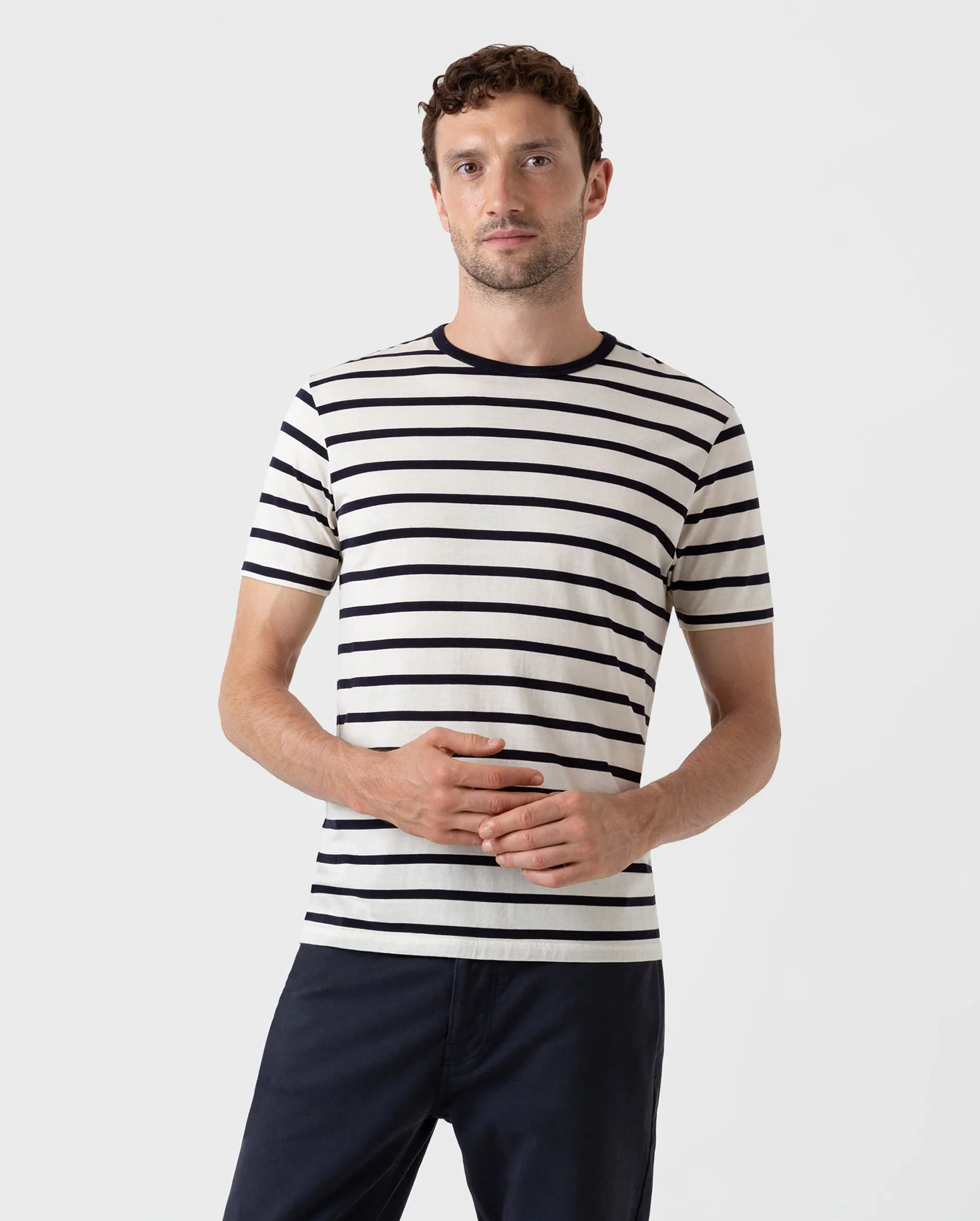 CLASSIC CREW NECK T-SHIRT / ECRU NAVY BRETON STRIPE