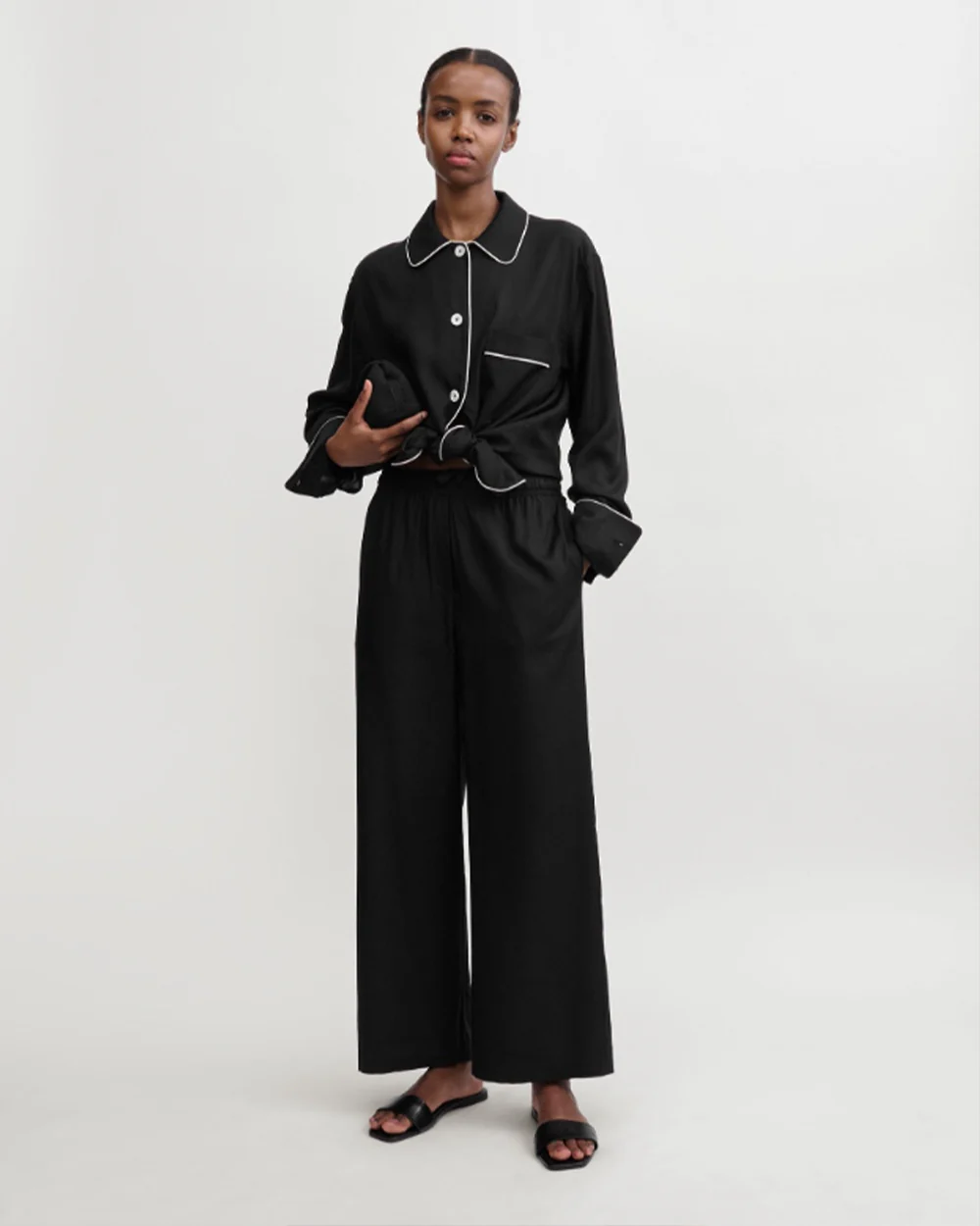 PIPED SILK TROUSERS / BLACK - Image 2